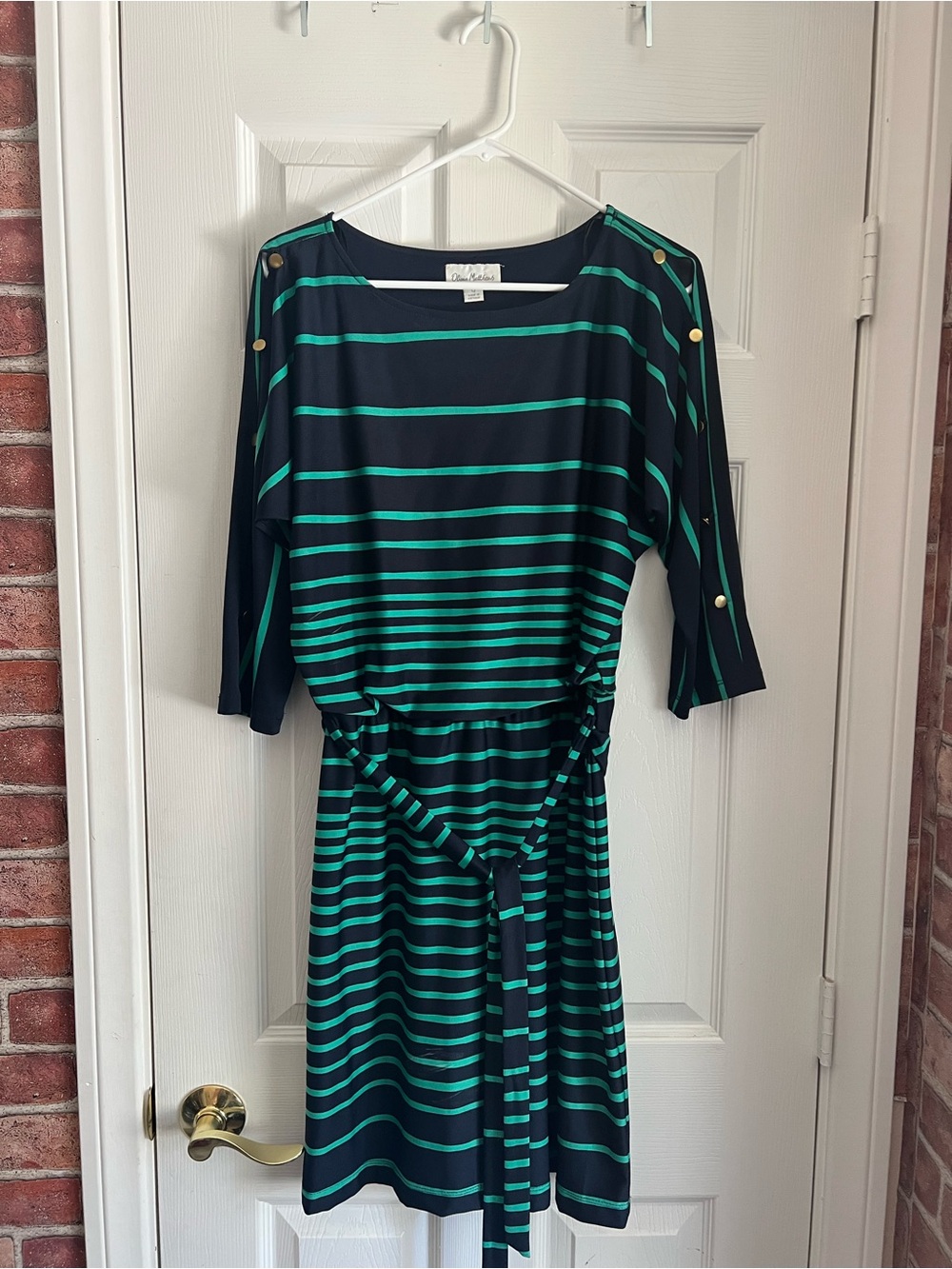 Olivia Matthews Navy and Teal Striped Belted Midi Dress